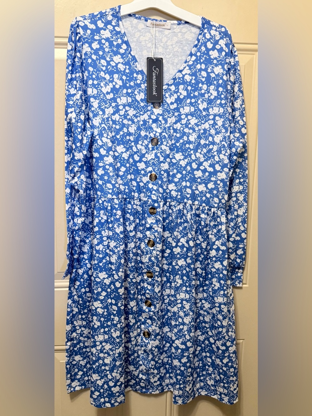 Fantaslook Blue and White Floral Dress Long Sleeved V Neck Faux Button Detail Lg
